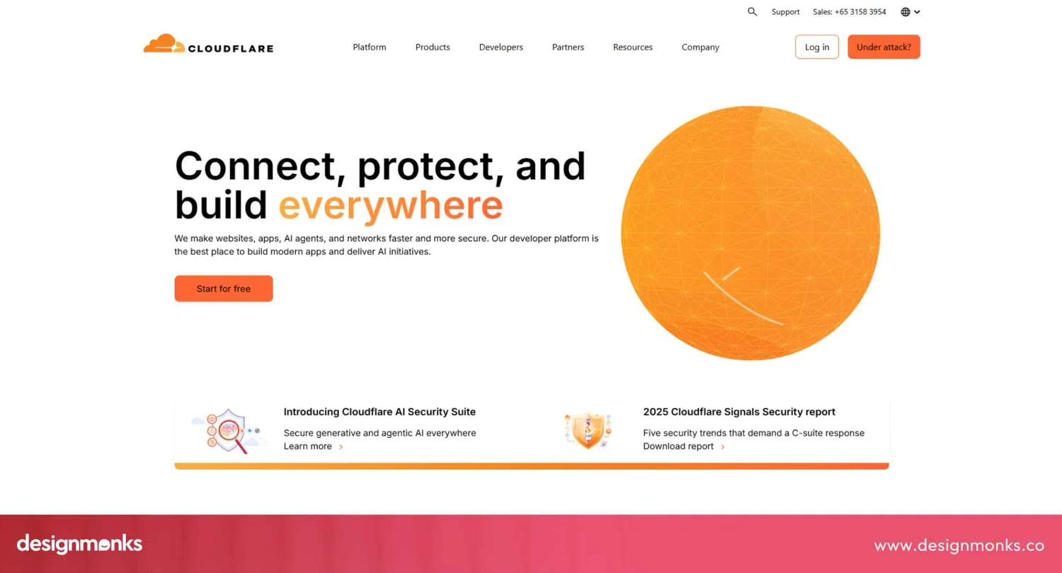 Cloudflare homepage with a Connect, protect, and build everywhere headline