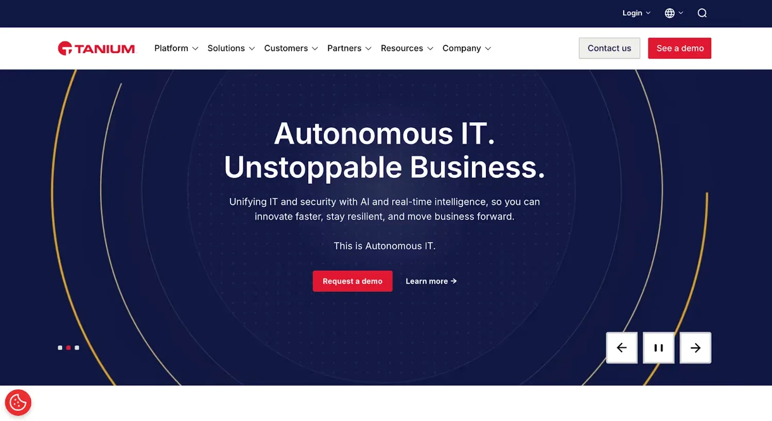 Tanium homepage with an autonomous IT headline and a red CTA