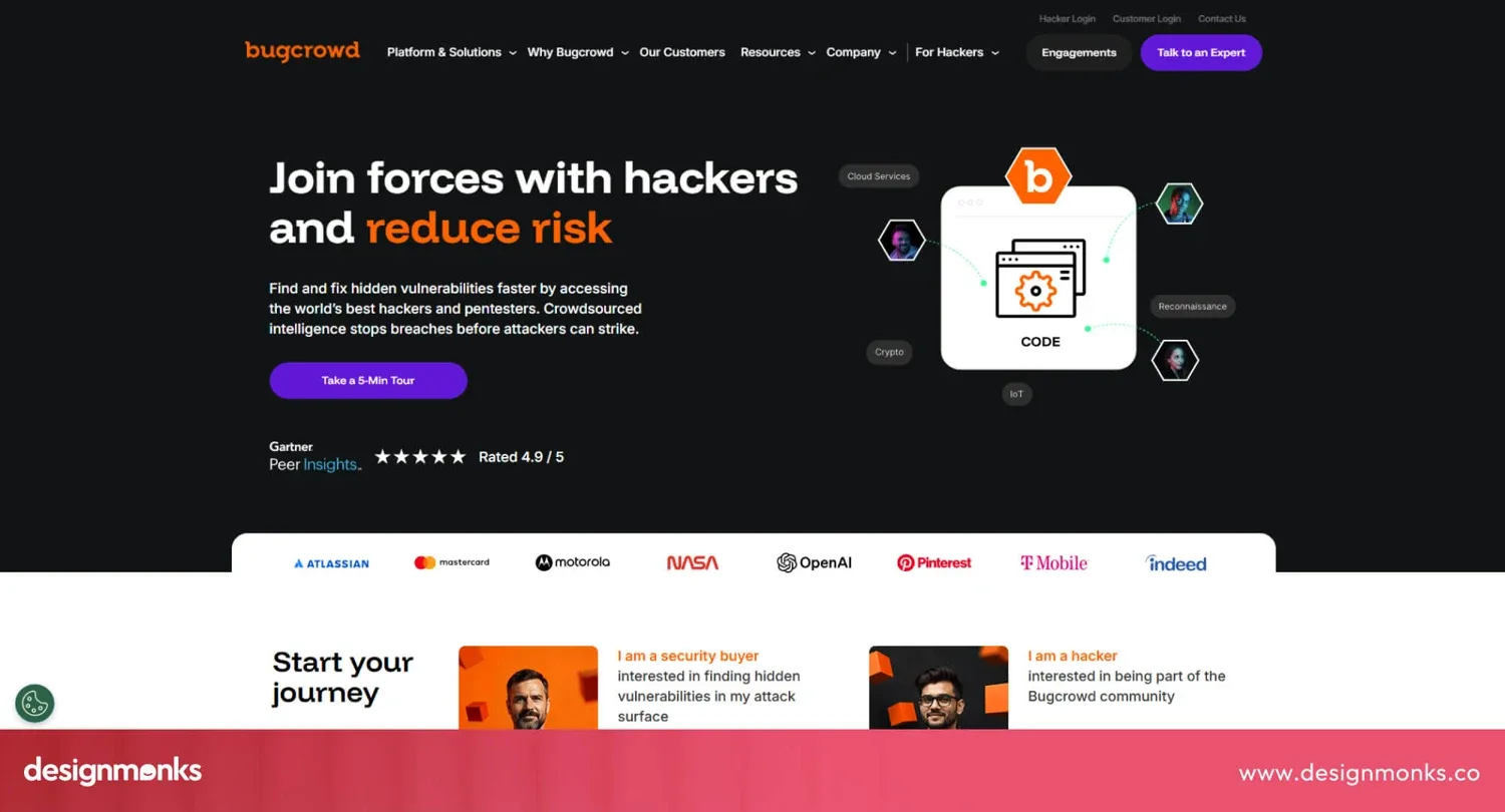 Bugcrowd homepage with a crowdsourced security headline and customer logos