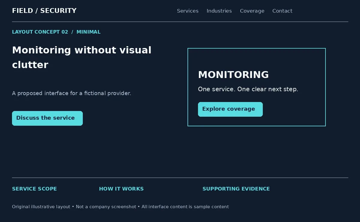 Illustrative minimal security website layout with one service message and one action