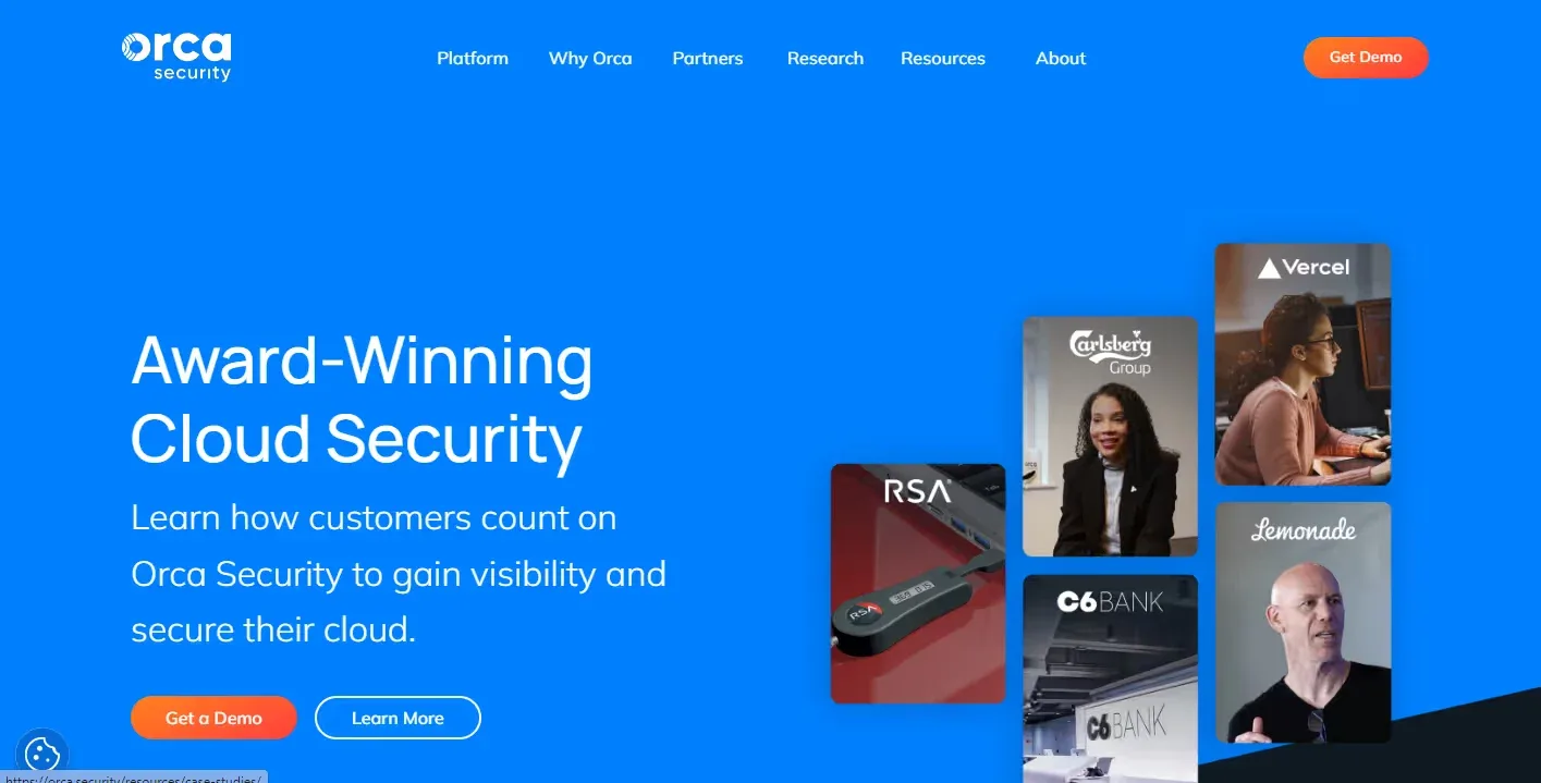 Orca Security homepage with customer photos and an award winning cloud security headline