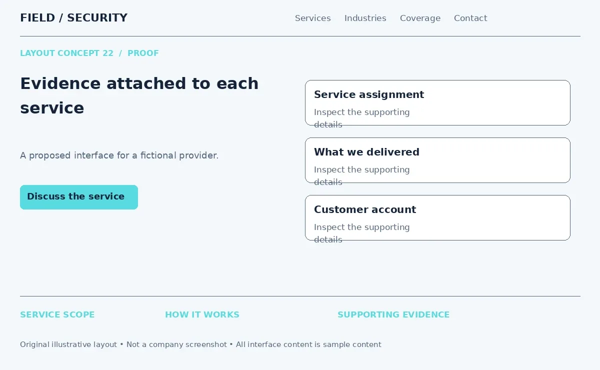 Illustrative layout attaching evidence such as delivered work and customer account to each service
