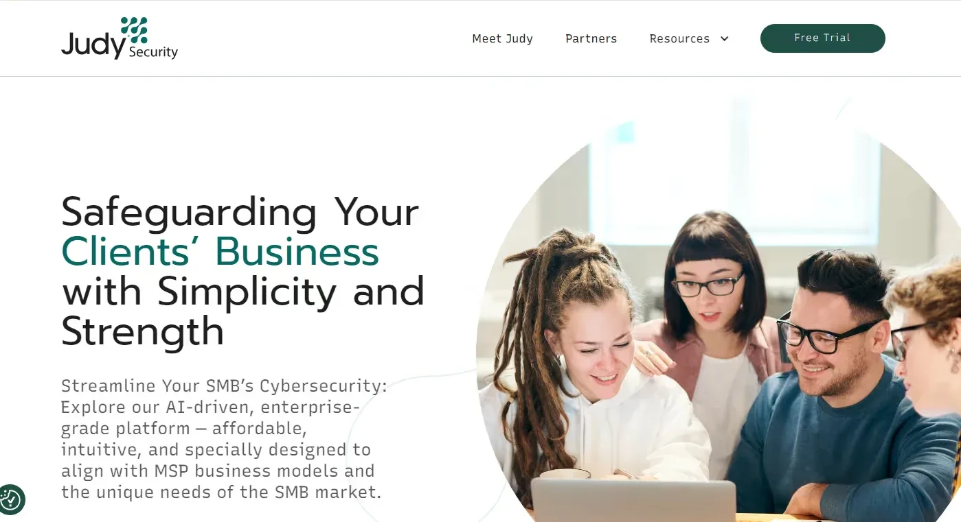 Judy Security homepage with a small business cybersecurity headline and team photo