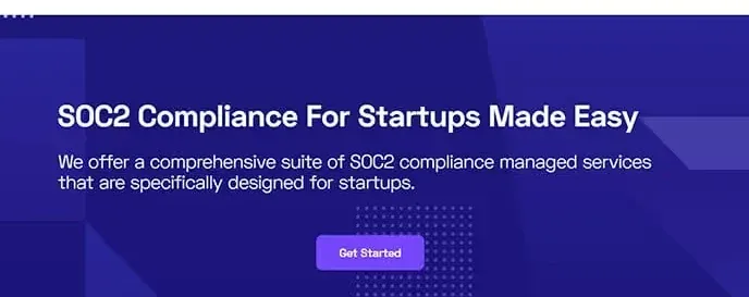 SOC 2 compliance hero section with a Get Started button on a purple background