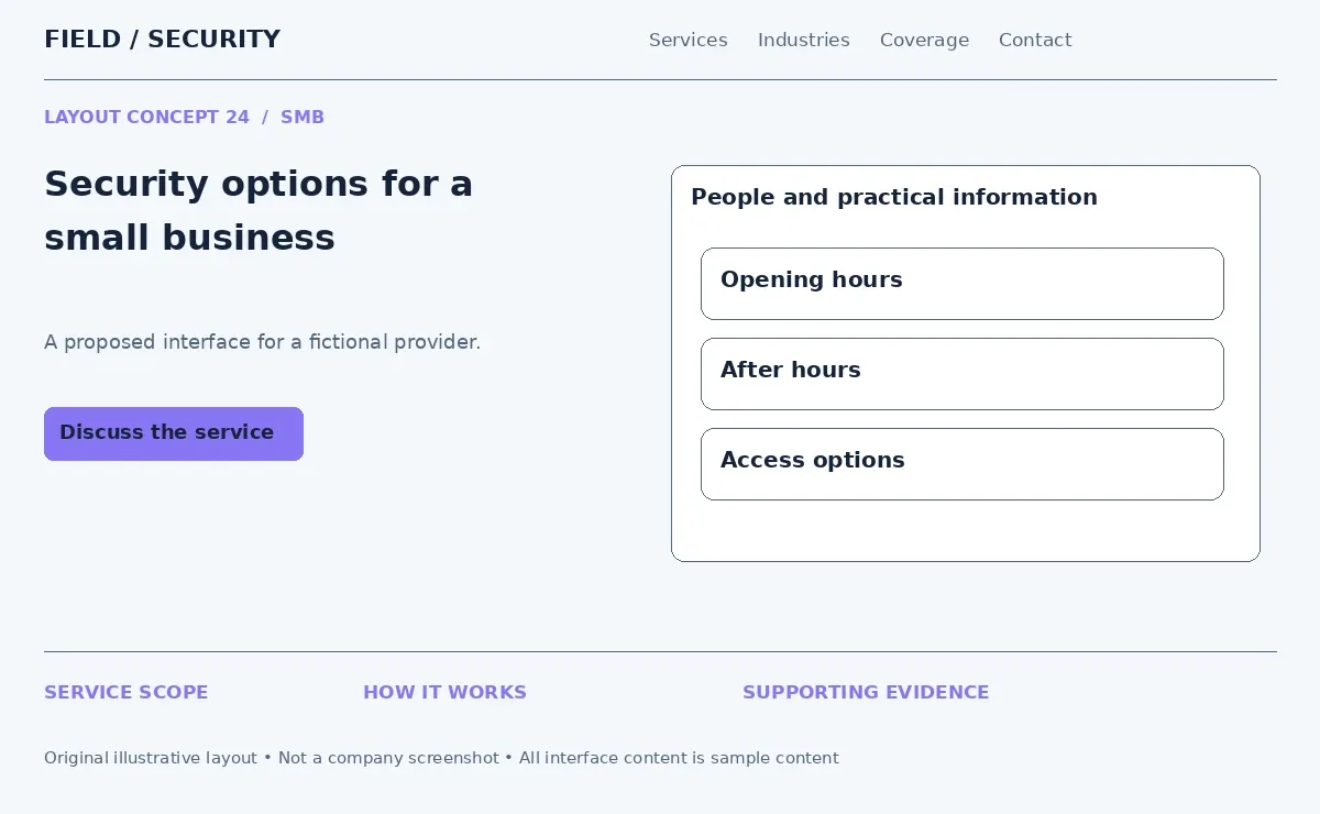 Illustrative small business security options with opening hours, after hours and access options