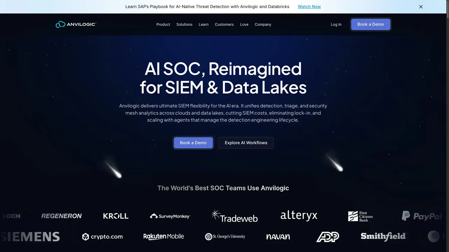 Anvilogic homepage with an AI SOC headline and customer logos