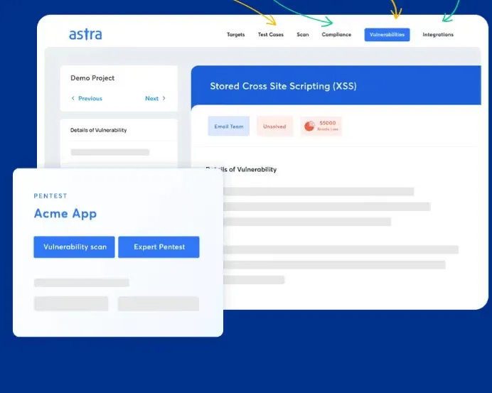 Astra pentest dashboard showing a cross site scripting vulnerability report