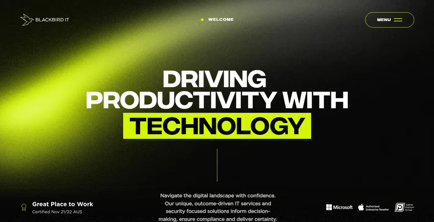 Blackbird IT homepage with a large headline and neon green accent on a dark background