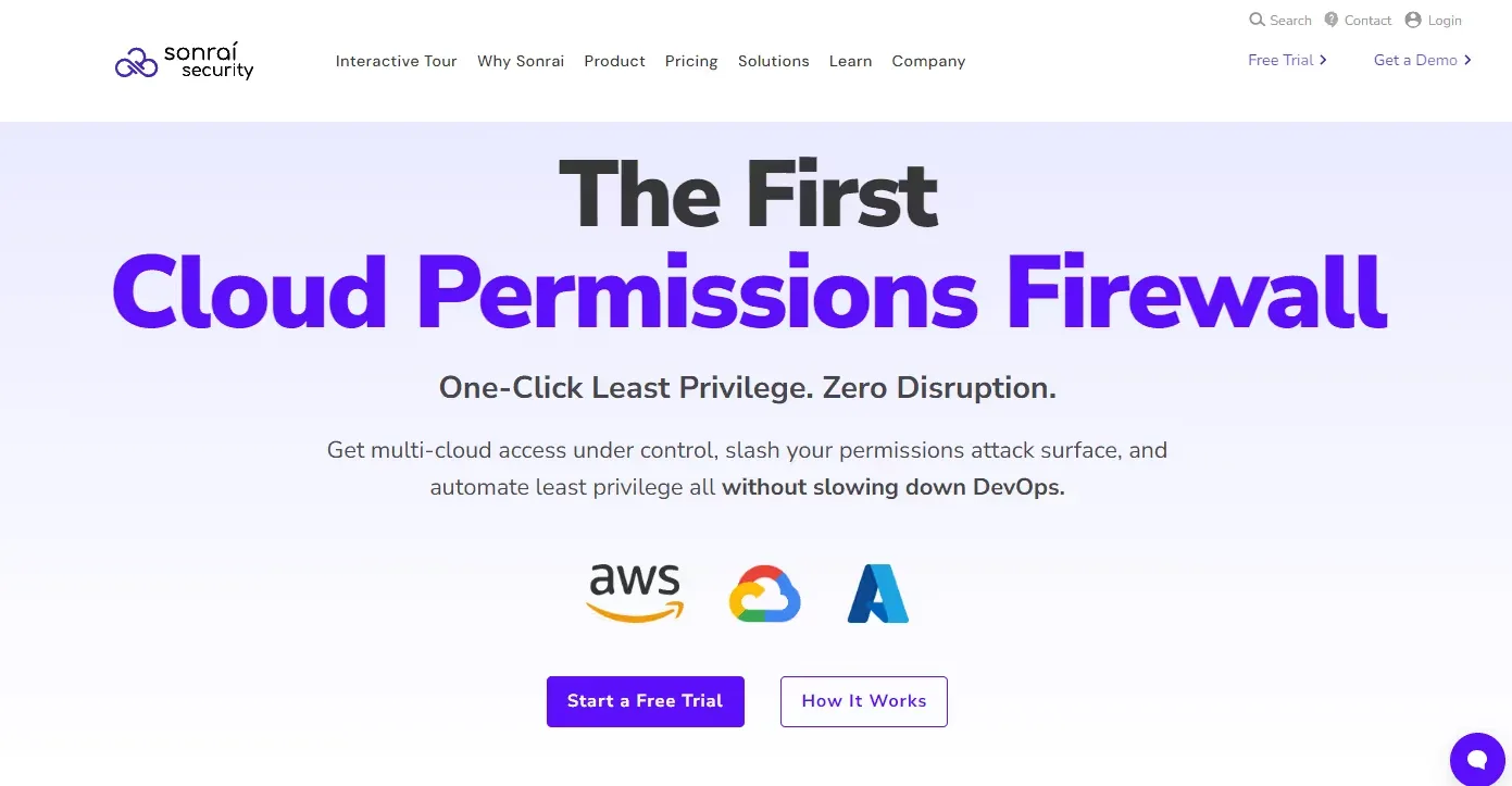 Sonrai Security homepage with a Cloud Permissions Firewall headline, cloud provider logos and two CTAs