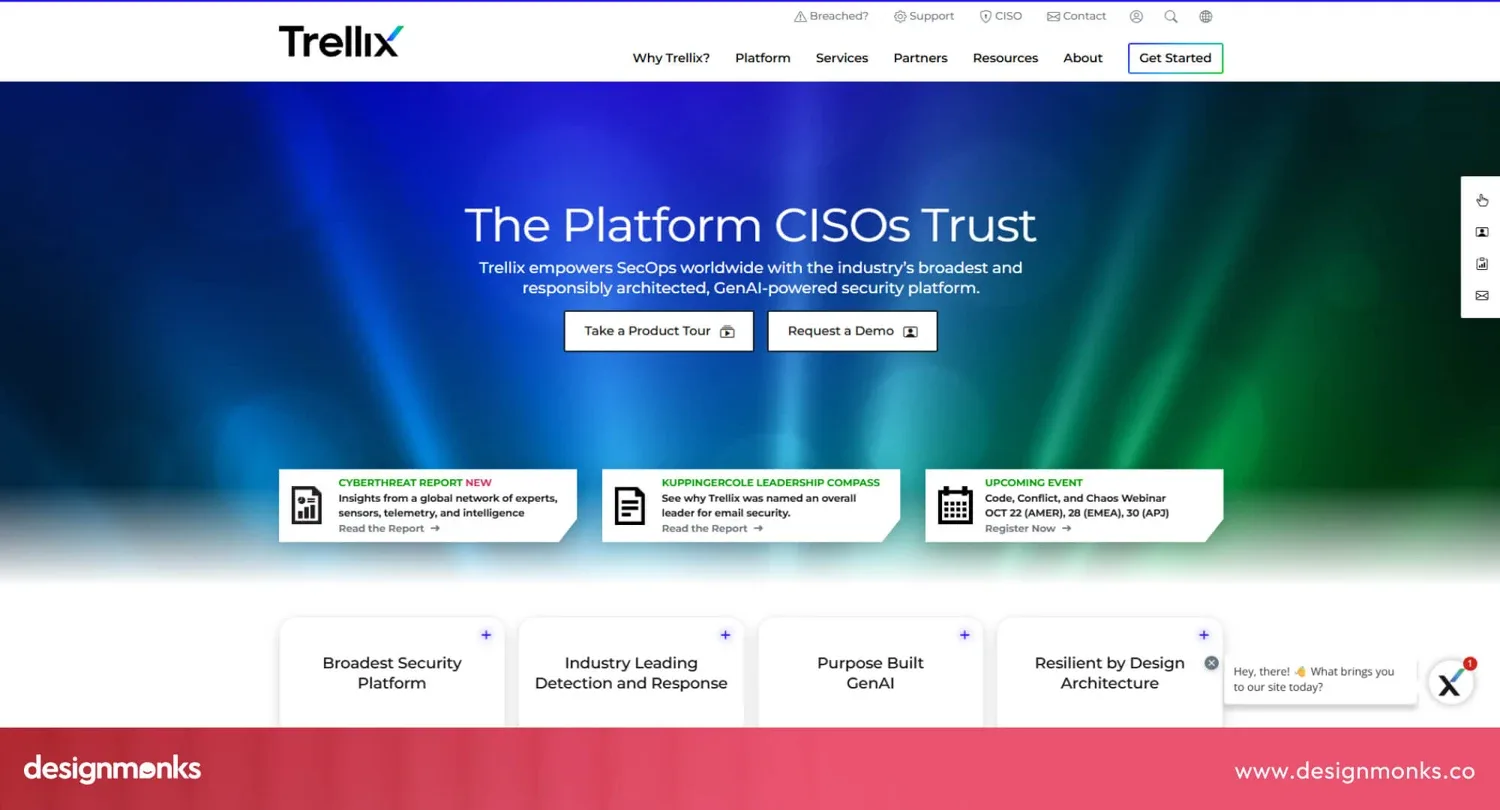 Trellix homepage with a colorful hero and highlighted security resources