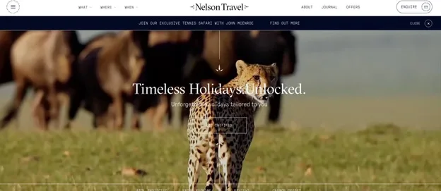 Nelson Travel homepage with a Timeless Holidays Unlocked hero and a cheetah