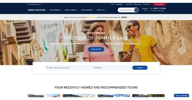 Insight Vacations homepage with The Best of Summer Sale hero