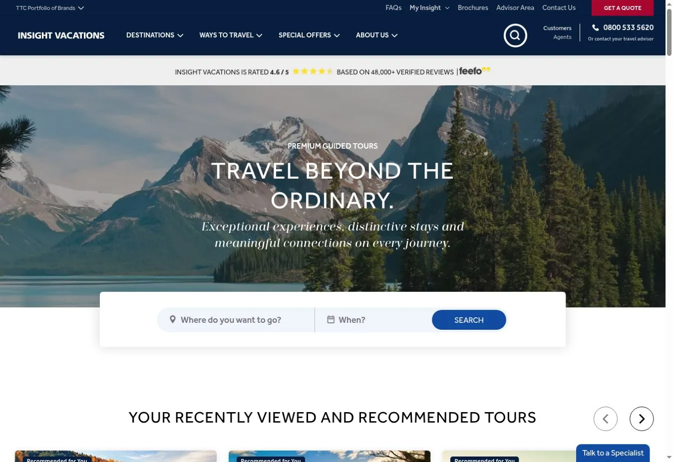 Insight Vacations Travel Beyond the Ordinary hero with tour search
