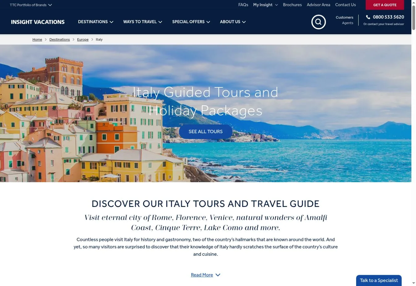 Insight Vacations Italy guided tours and holiday packages page