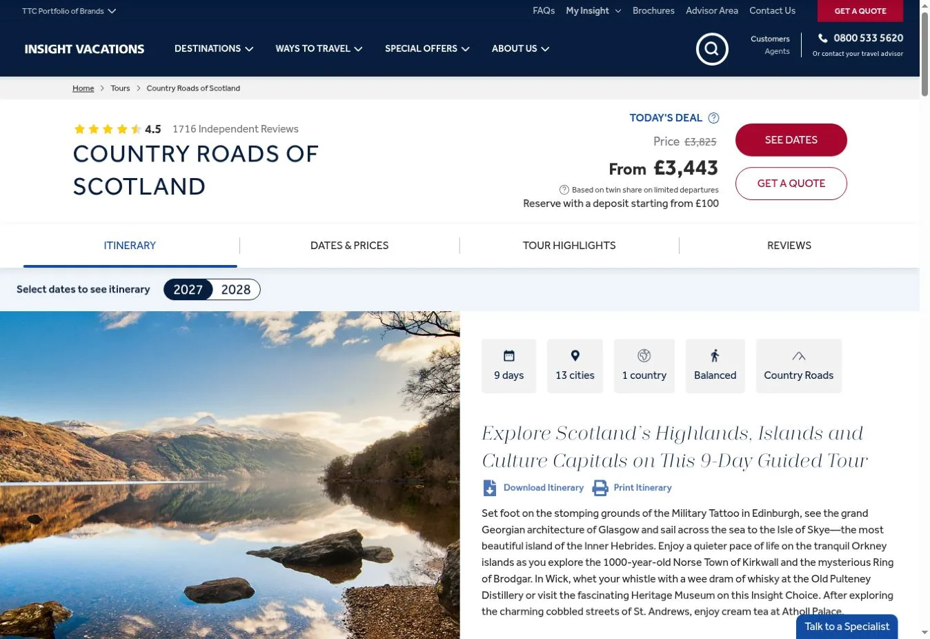 Insight Vacations Country Roads of Scotland tour page