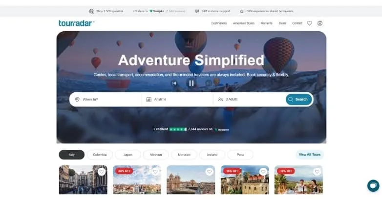 TourRadar homepage with an Adventure Simplified hero and tour search