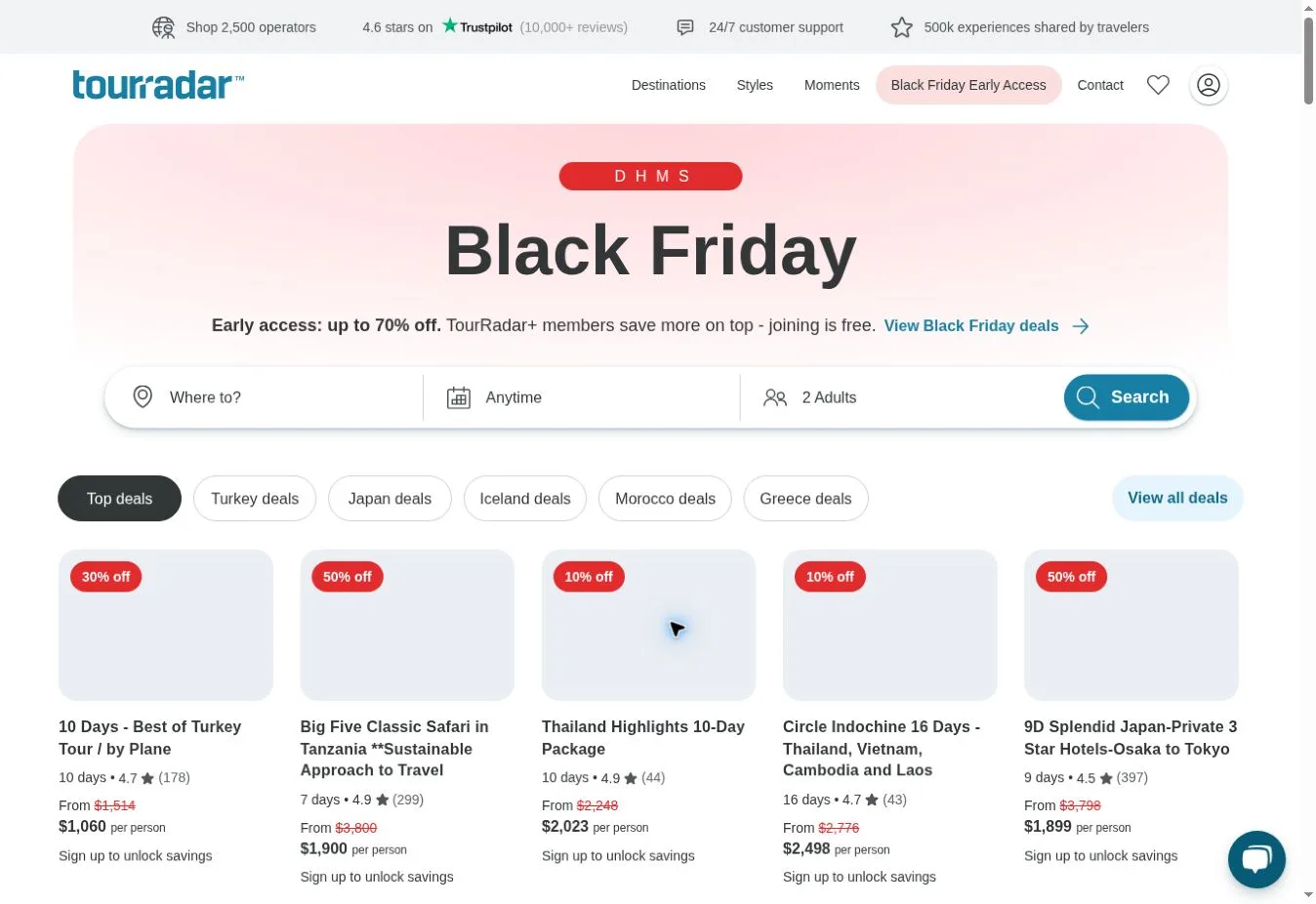 TourRadar Black Friday deals page