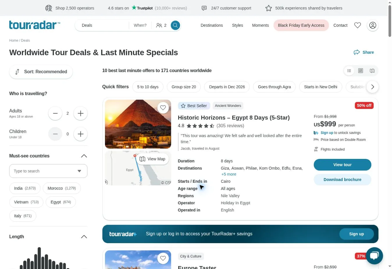 TourRadar worldwide tour deals with filters
