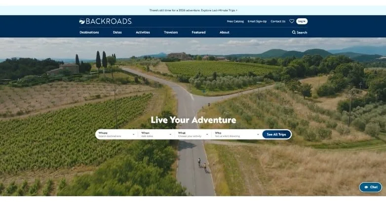 Backroads homepage with a Live Your Adventure hero over countryside