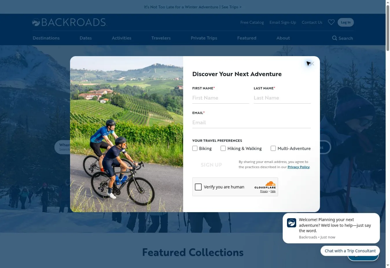 Backroads Discover Your Next Adventure signup popup
