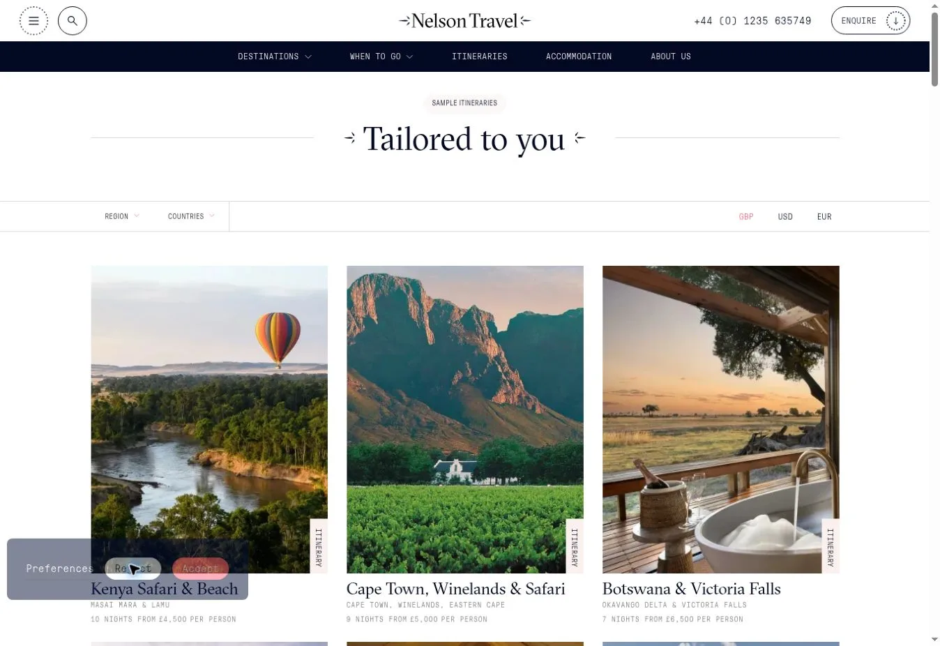 Nelson Travel Tailored to you section with Kenya, Cape Town and Botswana trip cards