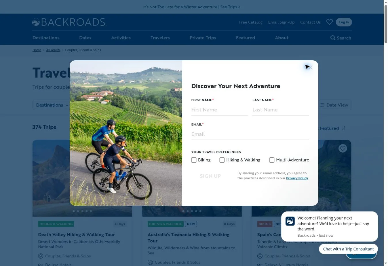 Backroads trips page with an adventure preferences popup
