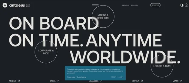 Antaeus Travel Group homepage with an On Board On Time Anytime Worldwide headline
