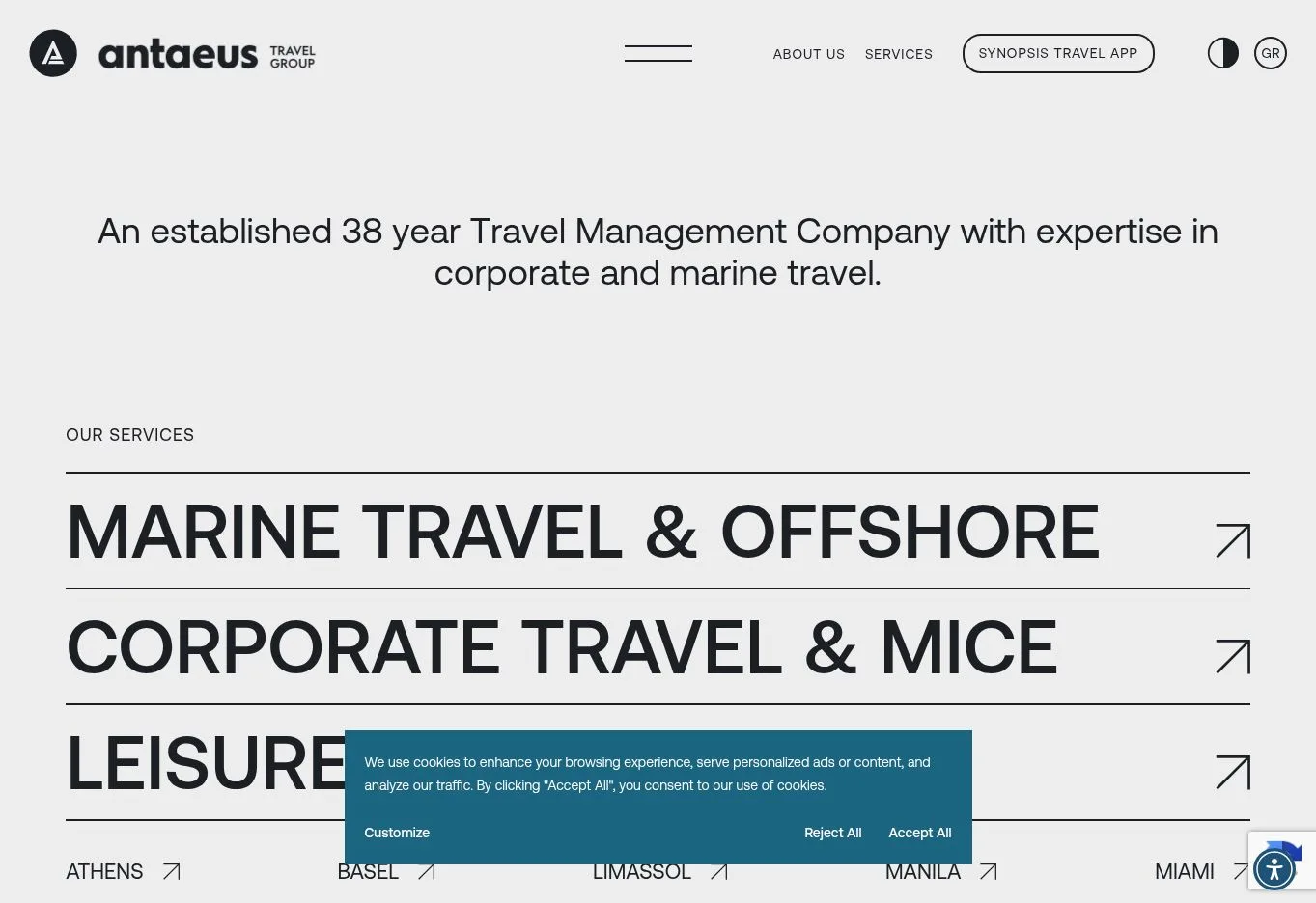 Antaeus services list for marine travel, corporate travel and MICE, and leisure