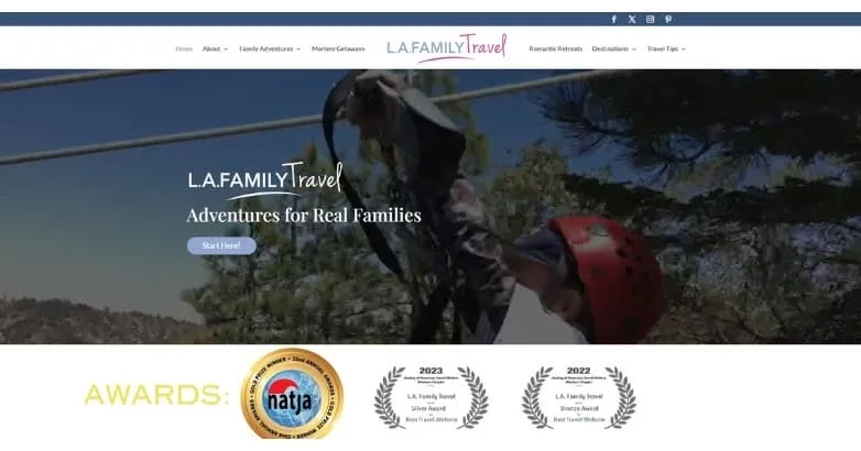 L.A. Family Travel homepage with an Adventures for Real Families hero and awards