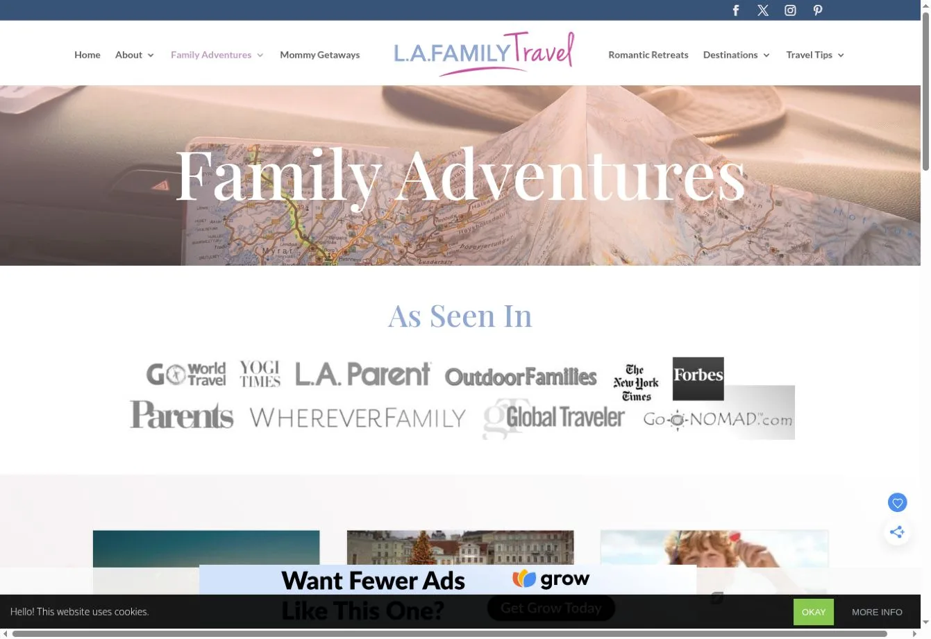 L.A. Family Travel Family Adventures page with an As Seen In logo strip