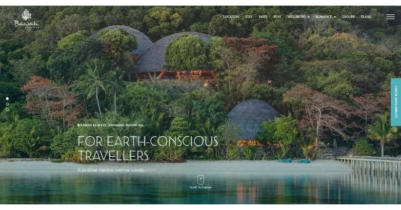 Bawah Reserve homepage with a For Earth-Conscious Travellers hero over the island resort
