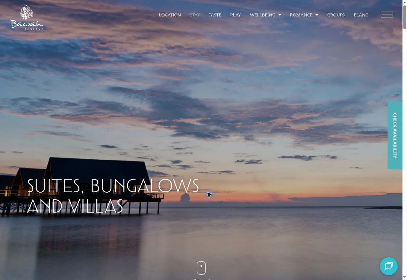 Bawah Reserve Suites, Bungalows and Villas page with overwater villas at sunset