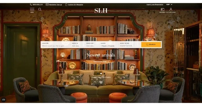 Small Luxury Hotels of the World homepage with a Newest arrivals hero and hotel search bar