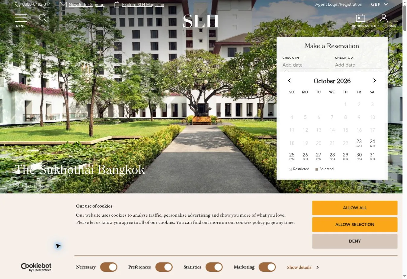 SLH hotel page for The Sukhothai Bangkok with a reservation calendar