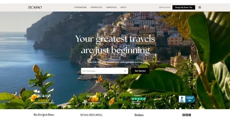 Zicasso homepage with a Your greatest travels are just beginning hero over the Amalfi Coast