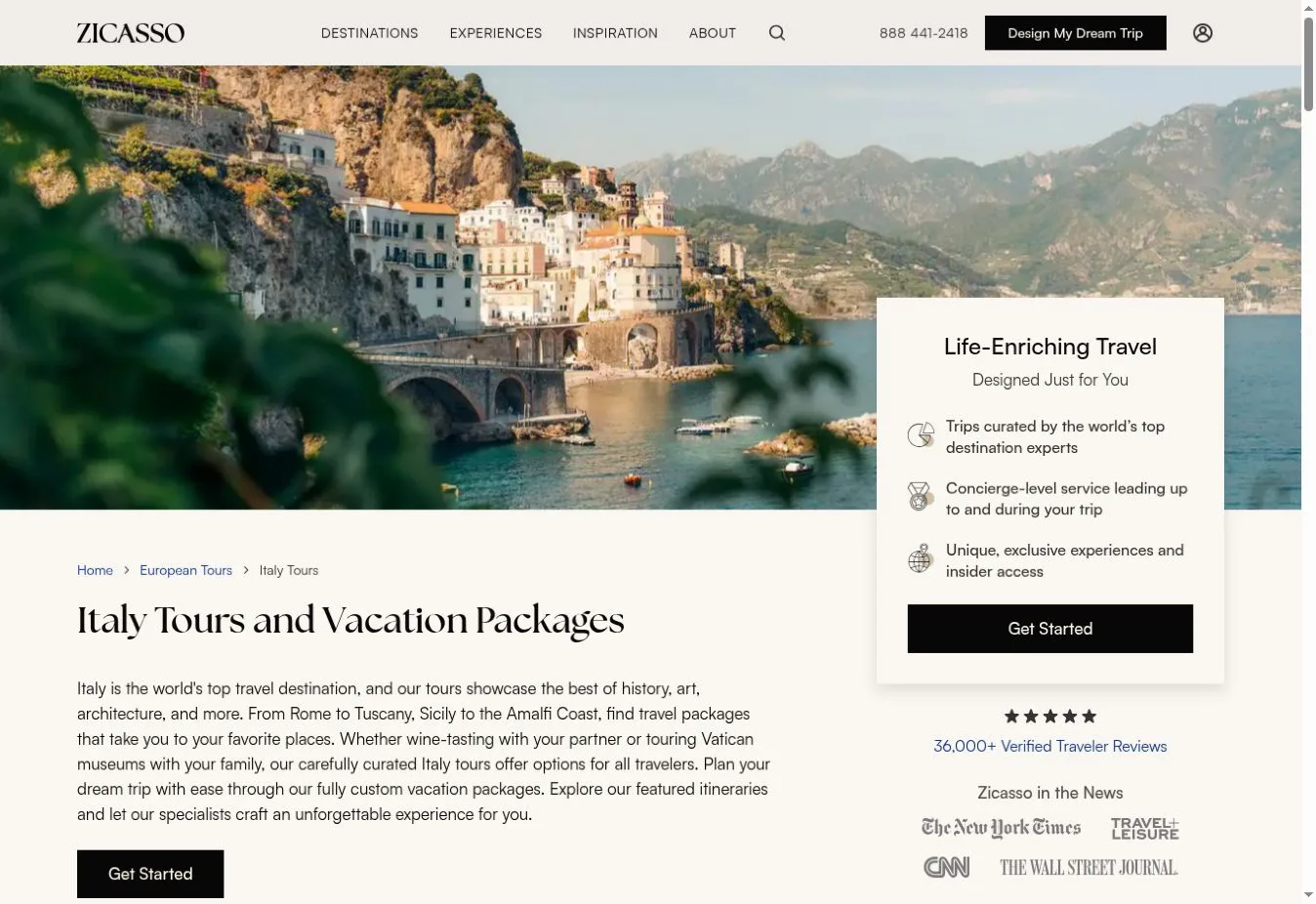 Zicasso Italy Tours and Vacation Packages page with a Get Started panel
