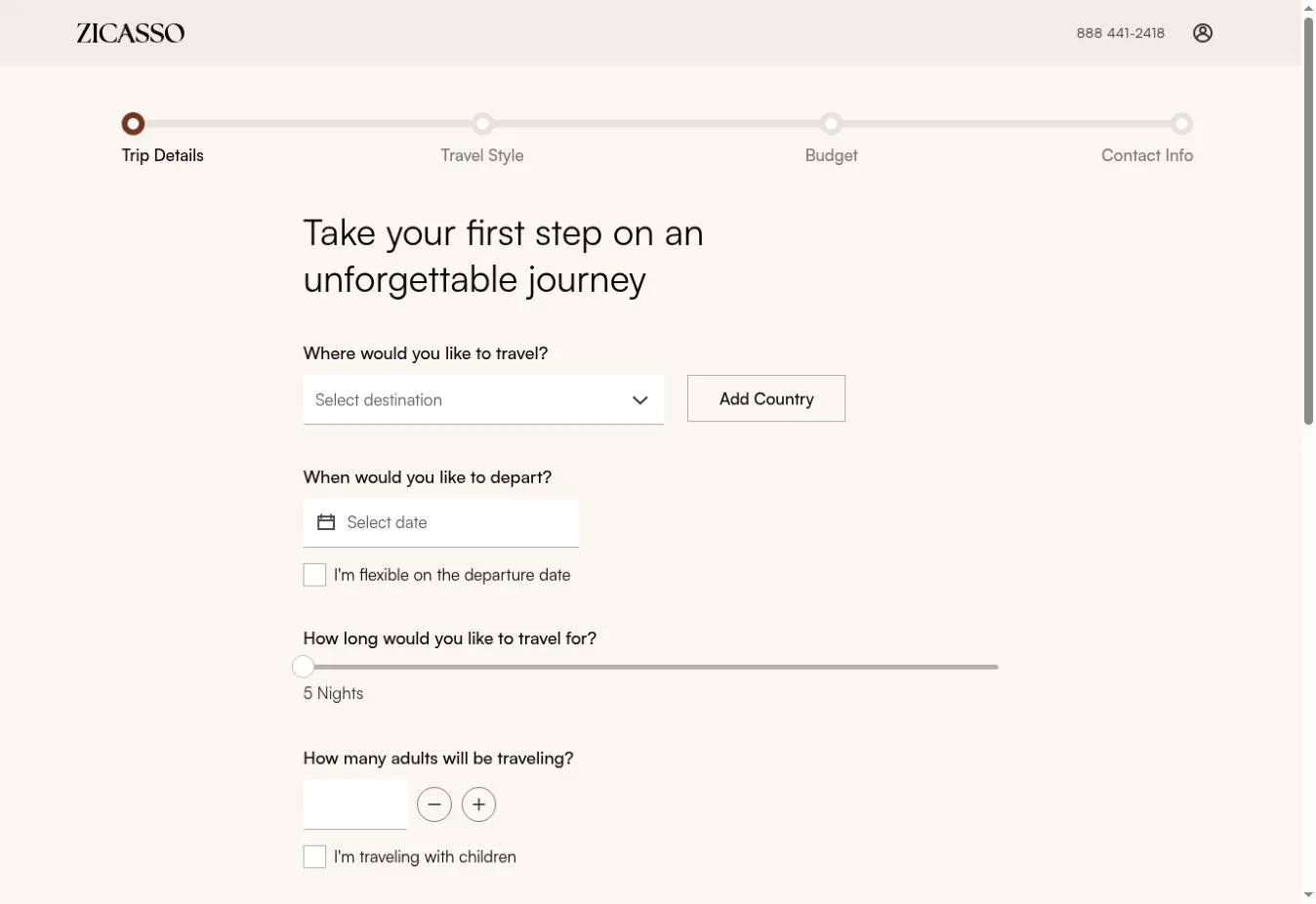 Zicasso multi-step trip planning form asking for destination and travel dates