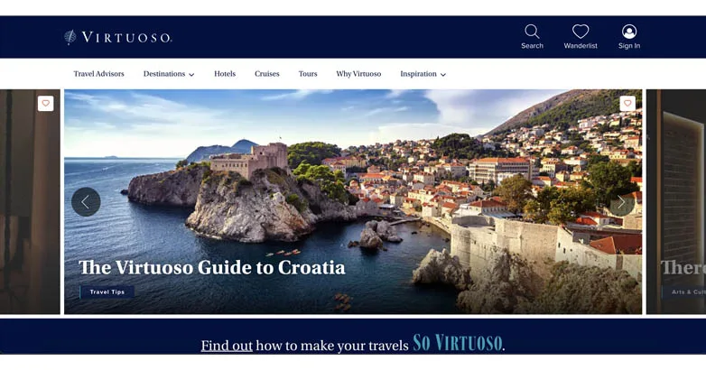 Virtuoso homepage with The Virtuoso Guide to Croatia featured story