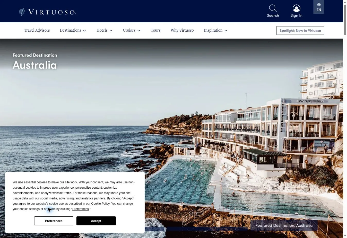 Virtuoso featured destination section for Australia