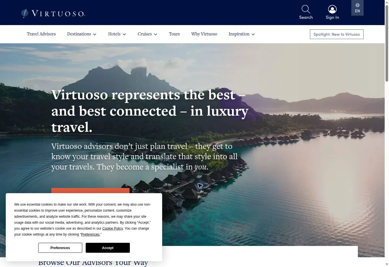 Virtuoso luxury travel advisors section over a tropical lagoon