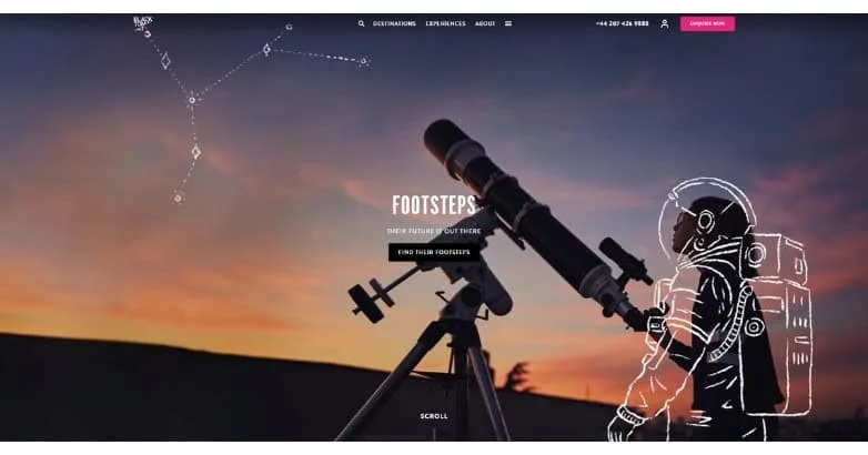 Black Tomato homepage with an illustrated Footsteps hero at dusk