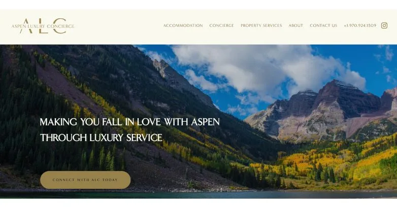 Aspen Luxury Concierge homepage with a Making You Fall in Love with Aspen hero over mountains