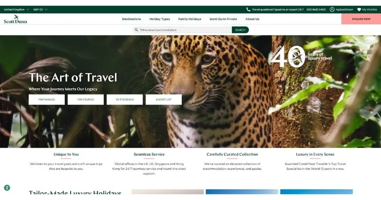 Scott Dunn homepage with The Art of Travel hero and a leopard