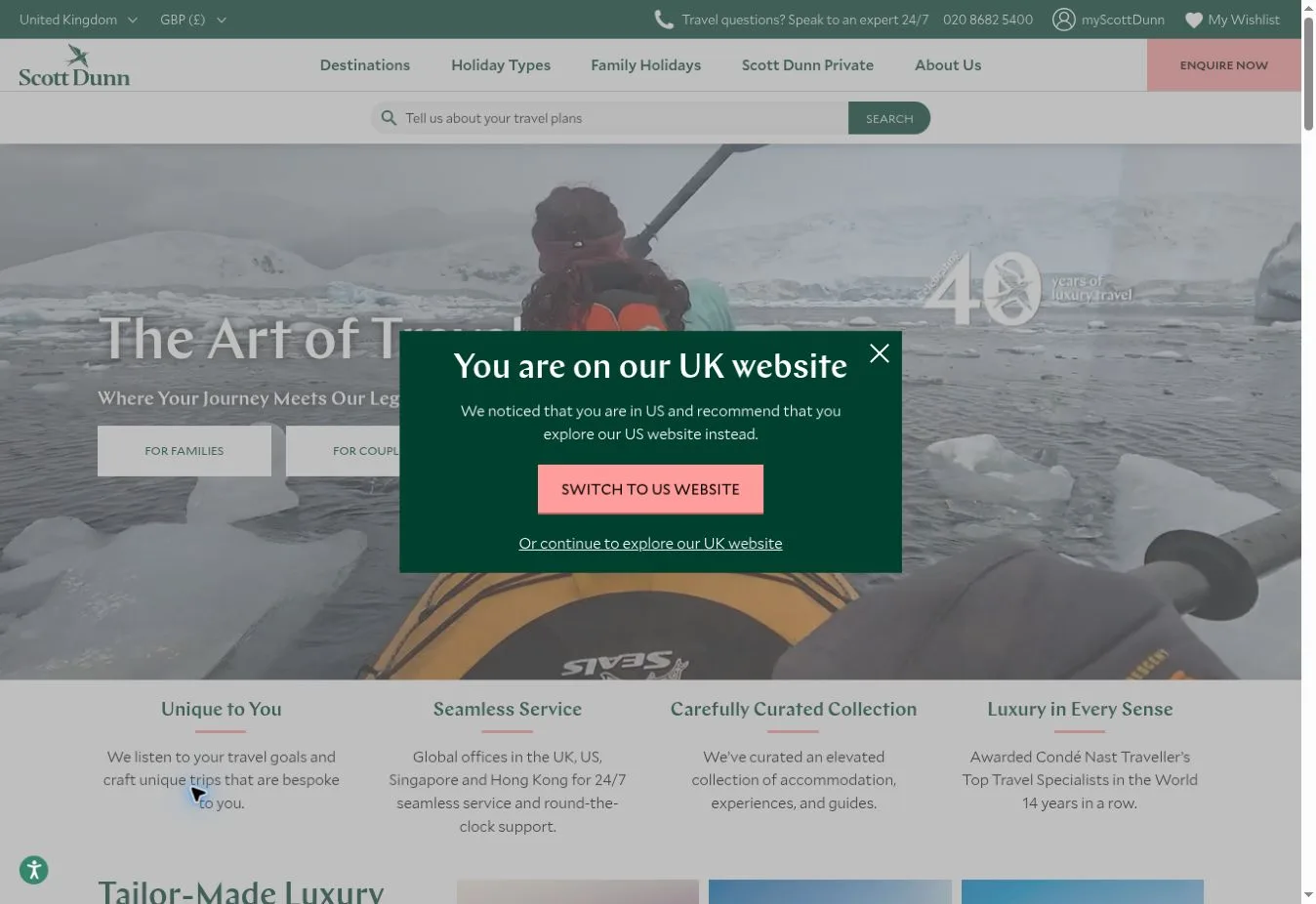 Scott Dunn homepage with a regional website popup