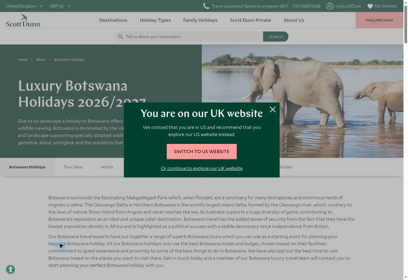 Scott Dunn Luxury Botswana Holidays page with an elephant