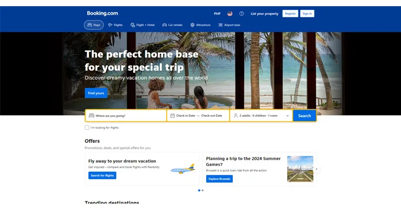 Booking.com homepage with The perfect home base hero and search bar