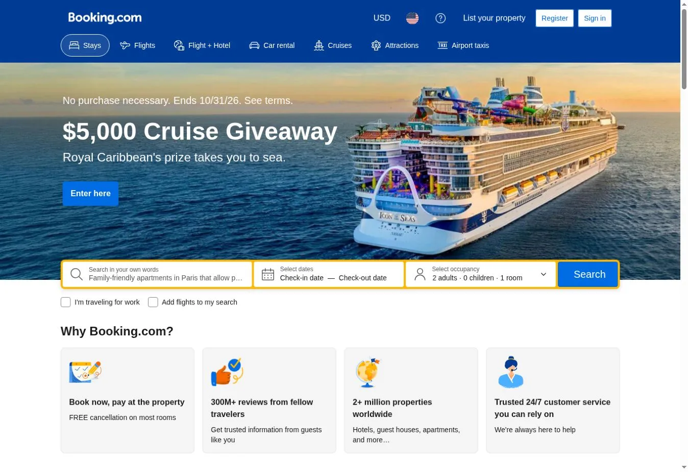Booking.com cruise giveaway banner with search bar and Why Booking.com section