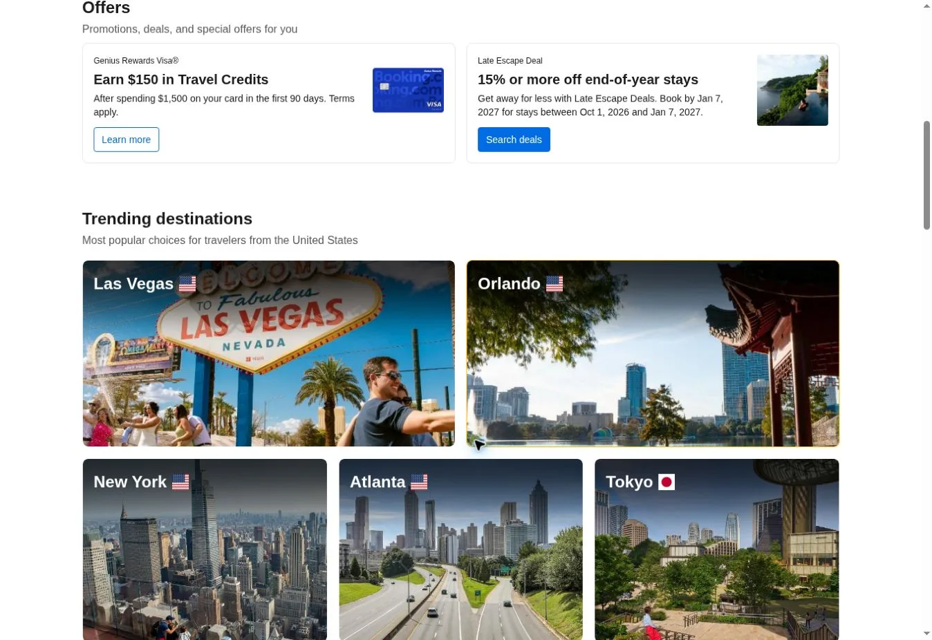 Booking.com offers and trending destinations grid