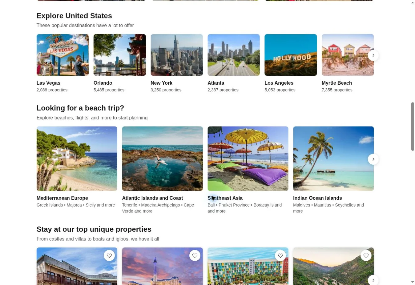 Booking.com Explore United States and beach trip destination carousels