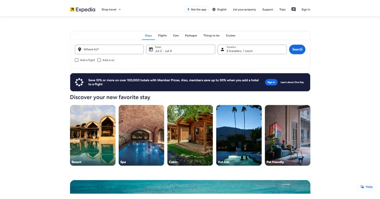 Expedia homepage with a search panel and Discover your new favorite stay